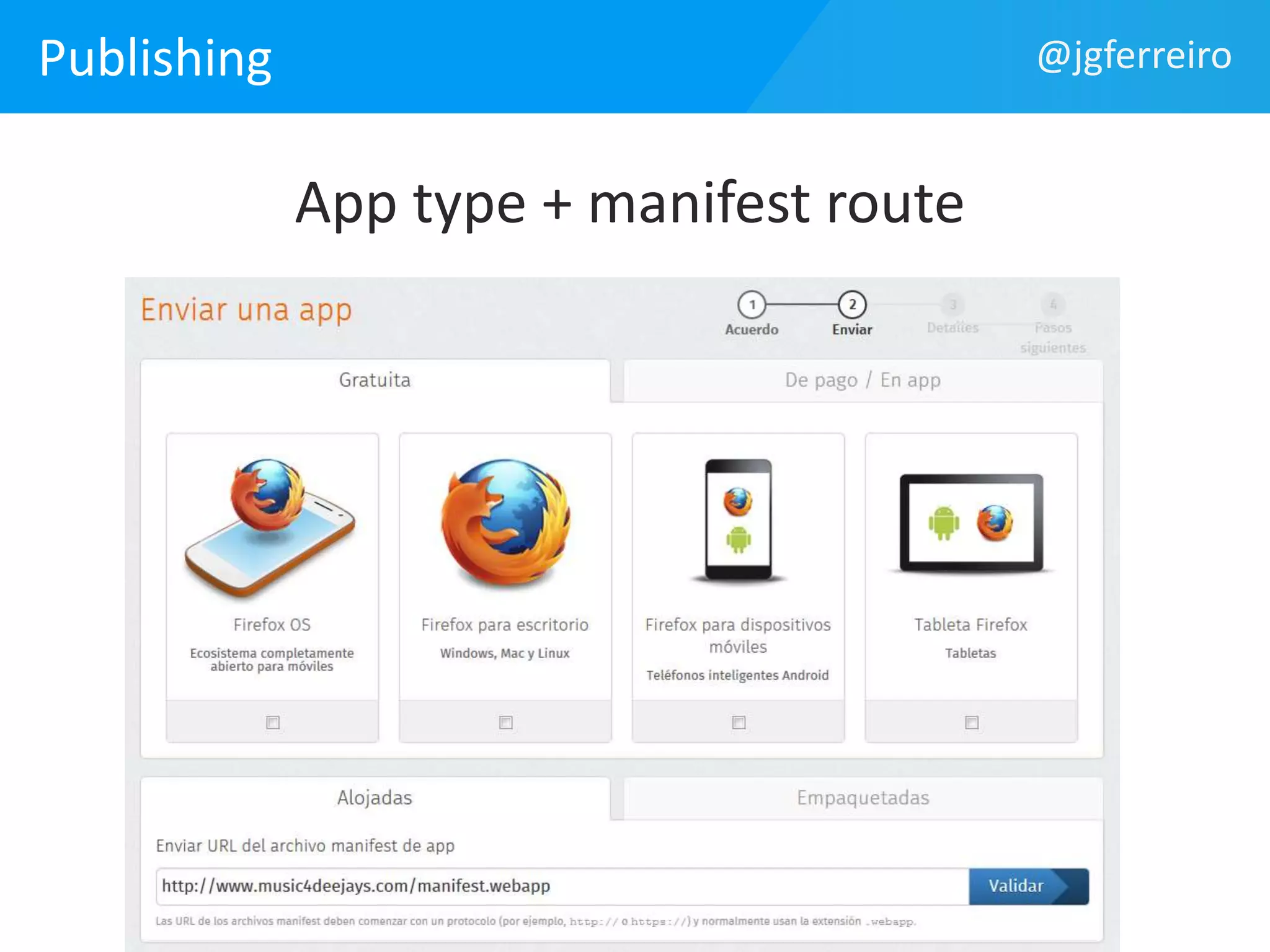 Publishing 
App type + manifest route 
@jgferreiro 
 