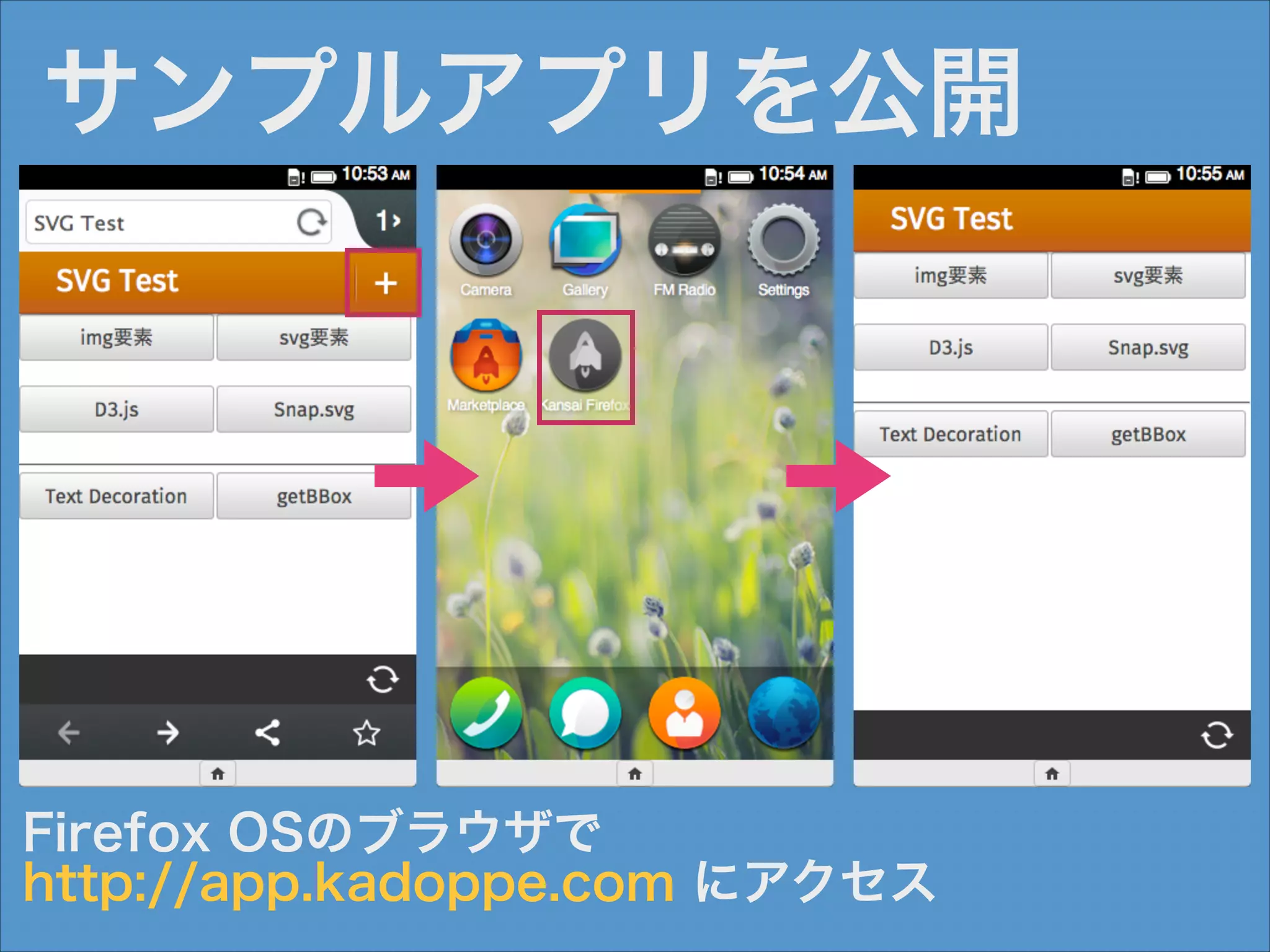 サンプルアプリを公開

Firefox OSのブラウザで  
http://app.kadoppe.com にアクセス

 