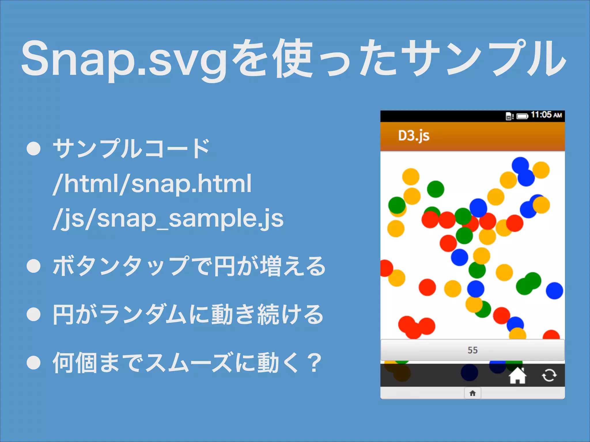 Snap.svgを使ったサンプル
●

サンプルコード 
/html/snap.html 
/js/snap_sample.js

●

ボタンタップで円が増える

●

円がランダムに動き続ける

●

何個までスムーズに動く？

 