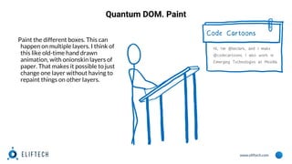 www.eliftech.com
Quantum DOM. Paint
Paint the different boxes. This can
happen on multiple layers. I think of
this like old-time hand drawn
animation, with onionskin layers of
paper. That makes it possible to just
change one layer without having to
repaint things on other layers.
 