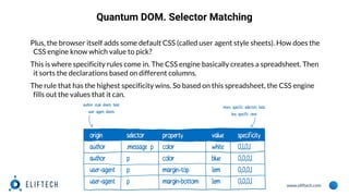 www.eliftech.com
Quantum DOM. Selector Matching
Plus, the browser itself adds some default CSS (called user agent style sheets). How does the
CSS engine know which value to pick?
This is where specificity rules come in. The CSS engine basically creates a spreadsheet. Then
it sorts the declarations based on different columns.
The rule that has the highest specificity wins. So based on this spreadsheet, the CSS engine
fills out the values that it can.
 