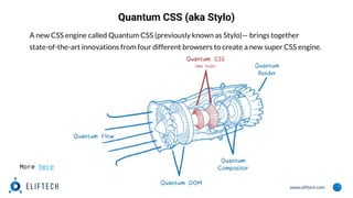 www.eliftech.com
Quantum CSS (aka Stylo)
A new CSS engine called Quantum CSS (previously known as Stylo)— brings together
state-of-the-art innovations from four different browsers to create a new super CSS engine.
More here
 