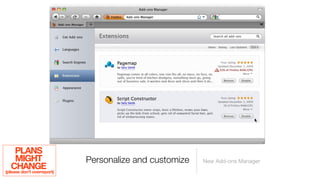 PLANS
     MIGHT                  Personalize and customize   New Add-ons Manager
   CHANGE
(please don’t overreport)
 