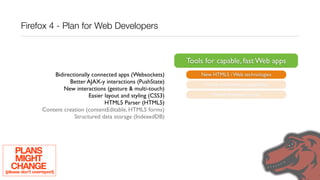 Firefox 4 - Plan for Web Developers


                                                                        Tools for capable, fast Web apps
                      Bidirectionally connected apps (Websockets)           New HTML5 / Web technologies
                            Better AJAX-y interactions (PushState)           Native multimedia capabilities
                          New interactions (gesture & multi-touch)
                                     Easier layout and styling (CSS3)           Great developer tools
                                            HTML5 Parser (HTML5)
                  Content creation (contentEditable, HTML5 forms)
                              Structured data storage (IndexedDB)




     PLANS
     MIGHT
   CHANGE
(please don’t overreport)
 