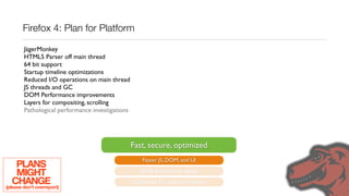 Firefox 4: Plan for Platform

        JägerMonkey
        HTML5 Parser off main thread
        64 bit support
        Startup timeline optimizations
        Reduced I/O operations on main thread
        JS threads and GC
        DOM Performance improvements
        Layers for compositing, scrolling
        Pathological performance investigations




                                                  Fast, secure, optimized
                                                      Faster JS, DOM, and UI
     PLANS
     MIGHT                                           Stable & secure by design
   CHANGE
(please don’t overreport)
                                                  Optimized for today’s hardware
 