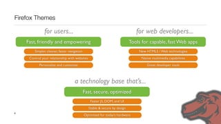 Firefox Themes

               for users...                                                     for web developers...
    Fast, friendly and empowering                                            Tools for capable, fast Web apps
        Simpler, cleaner, faster navigation                                      New HTML5 / Web technologies
     Control your relationship with websites                                      Native multimedia capabilities
           Personalize and customize                                                 Great developer tools



                                     a technology base that’s...
                                              Fast, secure, optimized
                                                  Faster JS, DOM, and UI
                                                 Stable & secure by design
8
                                              Optimized for today’s hardware
 