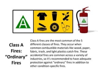 Class A
Fires:
“Ordinary”
Fires
Class A fires are the most common of the 5
different classes of fires. They occur when
common combustible materials like wood, paper,
fabric, trash, and light plastics catch fire. These
accidental fires are common across a variety of
industries, so it’s recommended to have adequate
protection against “ordinary” fires in addition to
other condition-specific fires.
 
