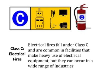Class C:
Electrical
Fires
Electrical fires fall under Class C
and are common in facilities that
make heavy use of electrical
equipment, but they can occur in a
wide range of industries.
 