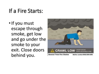 If a Fire Starts:
•If you must
escape through
smoke, get low
and go under the
smoke to your
exit. Close doors
behind you.
 