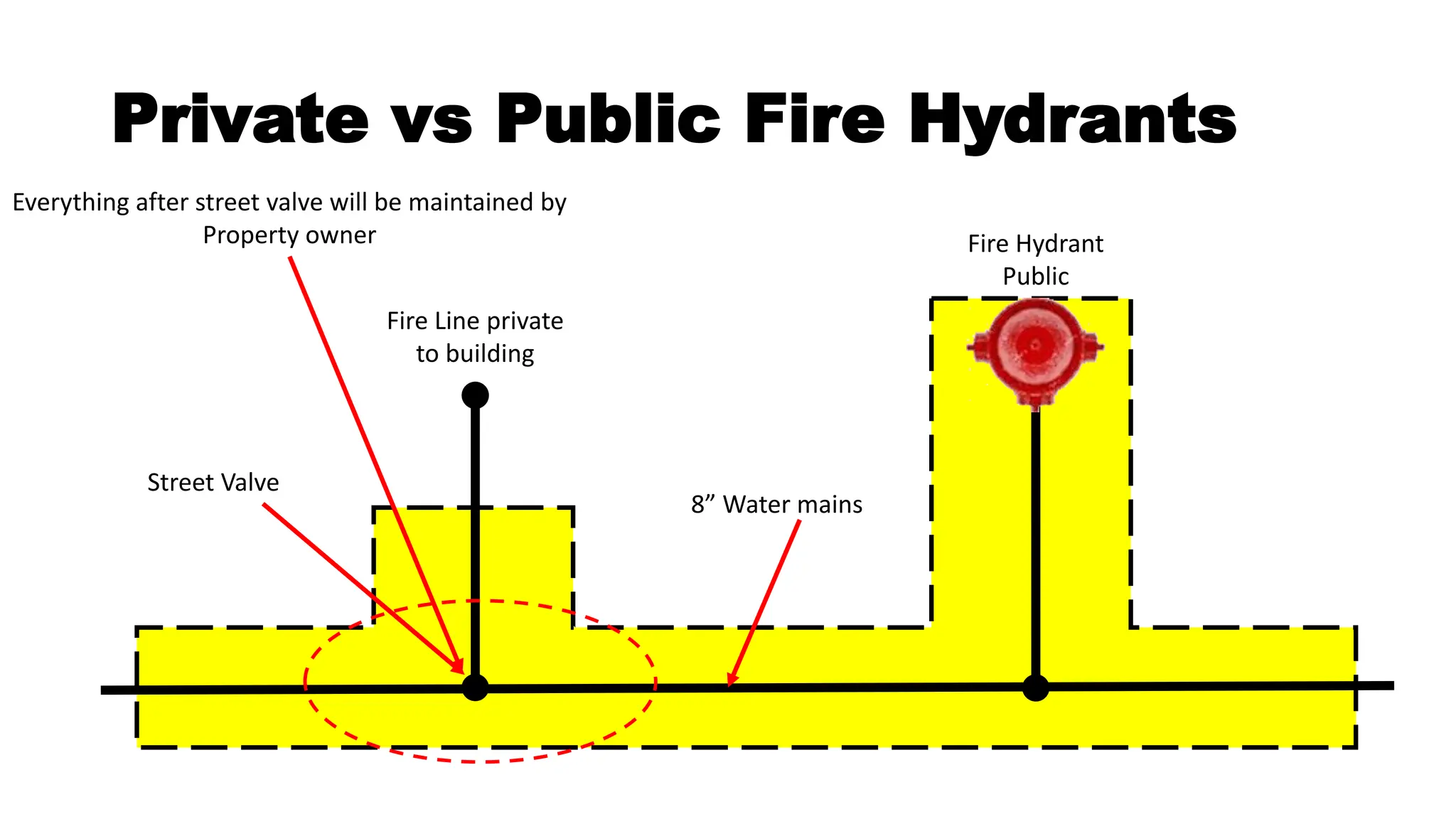 Private vs Public Fire Hydrants
8” Water mains
Street Valve
Fire Hydrant
Public
Fire Line private
to building
Everything after street valve will be maintained by
Property owner
 