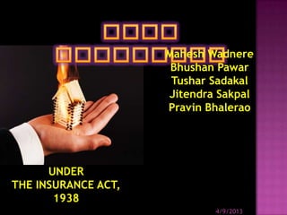 UNDER
THE INSURANCE ACT,
1938
4/9/2013
Mahesh Wadnere
Bhushan Pawar
Tushar Sadakal
Jitendra Sakpal
Pravin Bhalerao
 