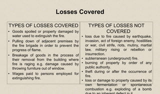 Losses Covered
TYPES OF LOSSES COVERED
• Goods spoiled or property damaged by
water used to extinguish the fire.
• Pulling down of adjacent premises by
the fire brigade in order to prevent the
progress of flame.
• Breakage of goods in the process of
their removal from the building where
fire is raging e.g. damage caused by
throwing furniture out of window.
• Wages paid to persons employed for
extinguishing fire.
TYPES OF LOSSES NOT
COVERED
• loss due to fire caused by earthquake,
invasion, act of foreign enemy, hostilities
or war, civil strife, riots, mutiny, martial
law, military rising or rebellion or
insurrection.
• subterranean (underground) fire.
• burning of property by order of any
public authority.
• theft during or after the occurrence of
fire.
• loss or damage to property caused by its
own fermentation or spontaneous
combustion e.g. exploding of a bomb
 