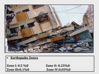 • Earthquake Zones
Zone I: 0.5 %0 Zone II: 0.25%0
Zone III:0.1%0 Zone IV:0.05%0
 
