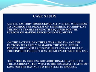CASE STUDY
A STEEL FACTORY PRODUCED QUALITY STEEL WHICH HAD
TO UNDERGO THE PROCESS OF TEMPERING TO ARRIVE AT
THE RIGHT TENSILE STRENGTH REQUIRED FOR THE
PURPOSE OF MAKING PRECISION INSTRUMENTS.
ON THE FATEFUL DAY THERE WAS A BIG Fire AND THE
FACTORY WAS BADLY DAMAGED. THE STEEL UNDER
PROCESS RECEIVED EXCESSIVE HEAT AND AS A RESULT
THE FINISHED PRODUCT WAS FOUND UNSUITABLE FOR USE.
THE STEEL IN PROCESS GOT ADDITIONAL HEAT DUE TO
THE ACCIDENTAL Fire. WHAT IS THE PROXIMATE CAUSE OF
LOSS FOR THE DAMAGE TO THE STEEL IN PROCESS.
 