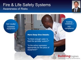 Fire & Life Safety Systems
Awareness of Risks



                                                   Existing
  Part recalls/                                  violations /
   Outdated                                         non-
  equipment                                      compliance


                  More Deep Dive Details:

                  “Is there enough water to
                  feed the sprinkler system?”

                  “Is the active supression
                  appropriate for the piece of
                  equipment?”
 