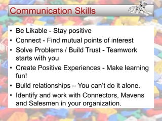 Communication Skills

• Be Likable - Stay positive
• Connect - Find mutual points of interest
• Solve Problems / Build Tru...
