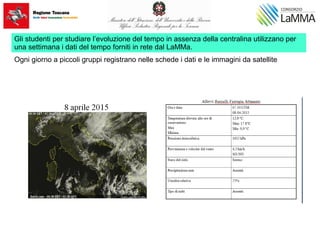 Gli studenti per studiare l’evoluzione del tempo in assenza della centralina utilizzano per
una settimana i dati del tempo forniti in rete dal LaMMa.
Ogni giorno a piccoli gruppi registrano nelle schede i dati e le immagini da satellite
 