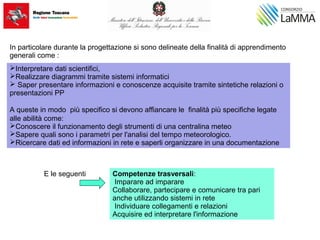 In particolare durante la progettazione si sono delineate della finalità di apprendimento
generali come :
Competenze trasversali:
Imparare ad imparare
Collaborare, partecipare e comunicare tra pari
anche utilizzando sistemi in rete
Individuare collegamenti e relazioni
Acquisire ed interpretare l'informazione
Interpretare dati scientifici,
Realizzare diagrammi tramite sistemi informatici
 Saper presentare informazioni e conoscenze acquisite tramite sintetiche relazioni o
presentazioni PP
A queste in modo più specifico si devono affiancare le finalità più specifiche legate
alle abilità come:
Conoscere il funzionamento degli strumenti di una centralina meteo
Sapere quali sono i parametri per l'analisi del tempo meteorologico.
Ricercare dati ed informazioni in rete e saperli organizzare in una documentazione
E le seguenti
 