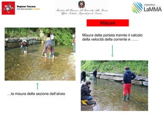 Misura della portata tramite il calcolo
della velocità della corrente e ……
…la misura della sezione dell’alveo
Misure
 