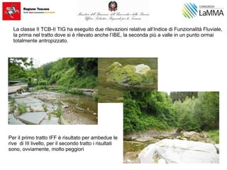 La classe II TCB-II TIG ha eseguito due rilevazioni relative all’Indice di Funzionalità Fluviale,
la prima nel tratto dove si è rilevato anche l’IBE, la seconda più a valle in un punto ormai
totalmente antropizzato.
Per il primo tratto IFF è risultato per ambedue le
rive di III livello, per il secondo tratto i risultati
sono, ovviamente, molto peggiori
 