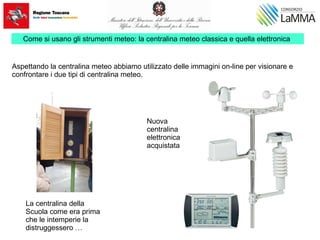 Aspettando la centralina meteo abbiamo utilizzato delle immagini on-line per visionare e
confrontare i due tipi di centralina meteo.
La centralina della
Scuola come era prima
che le intemperie la
distruggessero …
Nuova
centralina
elettronica
acquistata
Come si usano gli strumenti meteo: la centralina meteo classica e quella elettronica
 