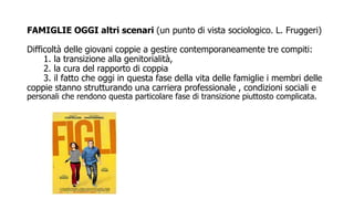 FAMIGLIE OGGI altri scenari (un punto di vista sociologico. L. Fruggeri)
Difficoltà delle giovani coppie a gestire contemporaneamente tre compiti:
1. la transizione alla genitorialità,
2. la cura del rapporto di coppia
3. il fatto che oggi in questa fase della vita delle famiglie i membri delle
coppie stanno strutturando una carriera professionale , condizioni sociali e
personali che rendono questa particolare fase di transizione piuttosto complicata.
 