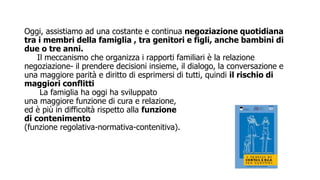 Oggi, assistiamo ad una costante e continua negoziazione quotidiana
tra i membri della famiglia , tra genitori e figli, anche bambini di
due o tre anni.
Il meccanismo che organizza i rapporti familiari è la relazione
negoziazione- il prendere decisioni insieme, il dialogo, la conversazione e
una maggiore parità e diritto di esprimersi di tutti, quindi il rischio di
maggiori conflitti
La famiglia ha oggi ha sviluppato
una maggiore funzione di cura e relazione,
ed è più in difficoltà rispetto alla funzione
di contenimento
(funzione regolativa-normativa-contenitiva).
 