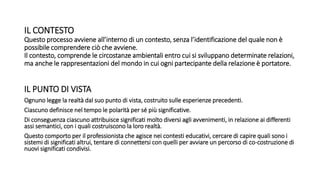 IL CONTESTO
Questo processo avviene all’interno di un contesto, senza l’identificazione del quale non è
possibile comprendere ciò che avviene.
Il contesto, comprende le circostanze ambientali entro cui si sviluppano determinate relazioni,
ma anche le rappresentazioni del mondo in cui ogni partecipante della relazione è portatore.
IL PUNTO DI VISTA
Ognuno legge la realtà dal suo punto di vista, costruito sulle esperienze precedenti.
Ciascuno definisce nel tempo le polarità per sé più significative.
Di conseguenza ciascuno attribuisce significati molto diversi agli avvenimenti, in relazione ai differenti
assi semantici, con i quali costruiscono la loro realtà.
Questo comporto per il professionista che agisce nei contesti educativi, cercare di capire quali sono i
sistemi di significati altrui, tentare di connettersi con quelli per avviare un percorso di co-costruzione di
nuovi significati condivisi.
 