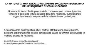 LA NATURA DI UNA RELAZIONE DIPENDE DALLA PUNTEGGIATURA
DELLE SEQUENZE DI COMUNICAZONE
Nonostante la circolarità propria della comunicazione umana, i partner
tendono a dare una lettura causale della loro relazione, punteggiando
soggettivamente la sequenza delle relazioni a cui partecipano.
A seconda della punteggiatura che i partner attribuiscono alla sequenza,
decidono arbitrariamente ciò che considerano causa ed effetto, descrivendo in
maniera diversa la relazione.
Io ripeto le cose perché tu non rispondi
Io non rispondo perché tu non mi lasci parlare….
 