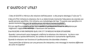 E’ GIUSTO O E’ UTILE?
L’idea di GIUSTO si riferisce alla relazione dell’educatore e alla propria ideologia (“si fa cosi’”).
L’idea di UTILE richiama la relazione che in un determinato momento l’educatore sta vivendo con
quelle persone specifiche. Ciò richiama una metodologia del tipo “in questo caso specifico e in
questo momento fare così mi sembra possa introdurre nuove possibilità”.
Ciò non significa prenderla persa, ma in qualità di professionisti avere la competenza per
migliorare i rapporti tra adulti per il benessere del bambino.
Cioè RIUSCIRE A FAR EMERGERE QUEL CHE C’E’ DI MEGLIO IN OGNI SITUAZIONE.
Quando i comunicanti sono impegnati a definire la relazione che intercorre tra loro e non
concordano su questa definizione, los cambio di contenuti è scarsamente significativo.
Quando la relazione non funziona è il professionista che dovrebbe chiedersi:
“cosa potrei fare di diverso con una persona che interpreta u mie messaggi in maniera differente
da come mi aspetto?
esigenza di assicurare soccorso e assistenza alla popolazione
ucraina sul territorio nazionale in conseguenza della grave crisi
internazionale
 