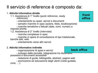 Il servizio di reference è composto da: 1.  Attività informative dirette 1.1. Assistenza di 1° livello ( quick reference ,  ready  reference ): - orientamento su spazi, servizi e documenti - semplici ricerche in opac (autore, titolo, localizzazione) - ricerche tematiche o fattuali (date, nomi, numeri) a  risposta pronta 1.2. Assistenza di 2° livello ( intervista ): - ricerche complesse in opac - ricerche in opere di consultazione di tipo tradizionale,  banche dati, web - orientamento verso altri servizi 2.  Attività informative indirette - organizzazione di spazi e servizi - sviluppo della raccolta, integrazione tra documenti  posseduti e documenti accessibili - redazione di guide, bibliografie, abstract, pagine web - promozione ed educazione degli utenti (visite guidate,  corsi, …) front office back office 