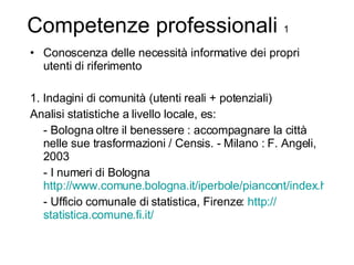 Competenze professionali  1 Conoscenza delle necessità informative dei propri utenti di riferimento 1. Indagini di comunità (utenti reali + potenziali) Analisi statistiche a livello locale, es: - Bologna oltre il benessere : accompagnare la città nelle sue trasformazioni / Censis. - Milano : F. Angeli, 2003 - I numeri di Bologna  http://www.comune.bologna.it/iperbole/piancont/index.html - Ufficio comunale di statistica, Firenze:  http:// statistica.comune.fi.it / 