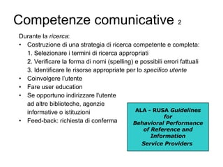 Competenze comunicative  2 Durante la  ricerca : Costruzione di una strategia di ricerca competente e completa: 1.  Selezionare i termini di ricerca appropriati 2. Verificare la forma di nomi (spelling) e possibili errori fattuali 3.  Identificare le risorse appropriate per lo  specifico utente Coinvolgere l’utente Fare user education Se opportuno indirizzare l'utente ad altre biblioteche, agenzie informative o istituzioni  Feed-back: richiesta di conferma  ALA - RUSA  Guidelines for Behavioral Performance of Reference and Information Service Providers   