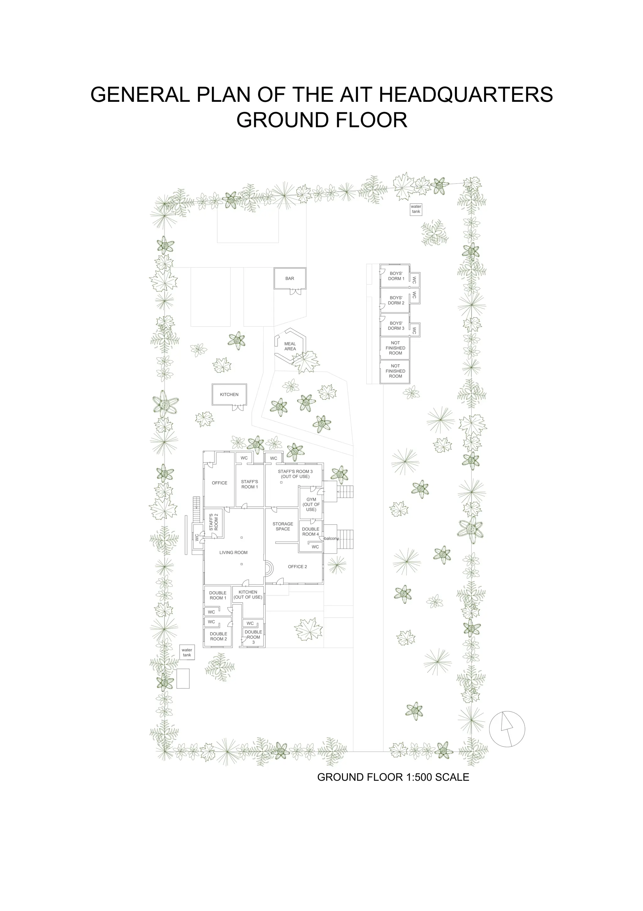 GROUND FLOOR 1:500 SCALE
BAR
MEAL
AREA
KITCHEN
BOYS'
DORM 1
WC
NOT
FINISHED
ROOM
WC
WC
BOYS'
DORM 2
BOYS'
DORM 3
NOT
FINISHED
ROOM
WC WC
WC
WC
WC WC
WC
OFFICE
LIVING ROOM
OFFICE 2
STAFF'S
ROOM 1
GYM
(OUT OF
USE)
STORAGE
SPACE
KITCHEN
(OUT OF USE)
DOUBLE
ROOM 2
DOUBLE
ROOM 1
DOUBLE
ROOM
3
DOUBLE
ROOM 4
STAFF'S
ROOM
2
STAFF'S ROOM 3
(OUT OF USE)
balcony
water
tank
water
tank
GENERAL PLAN OF THE AIT HEADQUARTERS
GROUND FLOOR
 