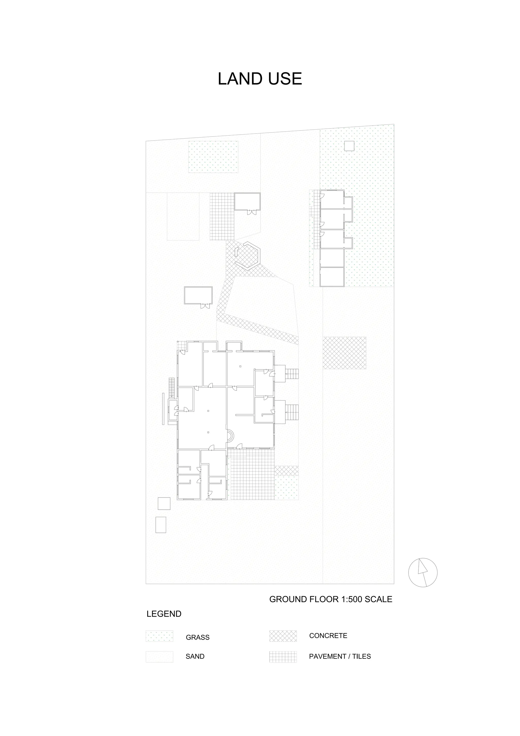 LAND USE
GROUND FLOOR 1:500 SCALE
LEGEND
GRASS
SAND
CONCRETE
PAVEMENT / TILES
 
