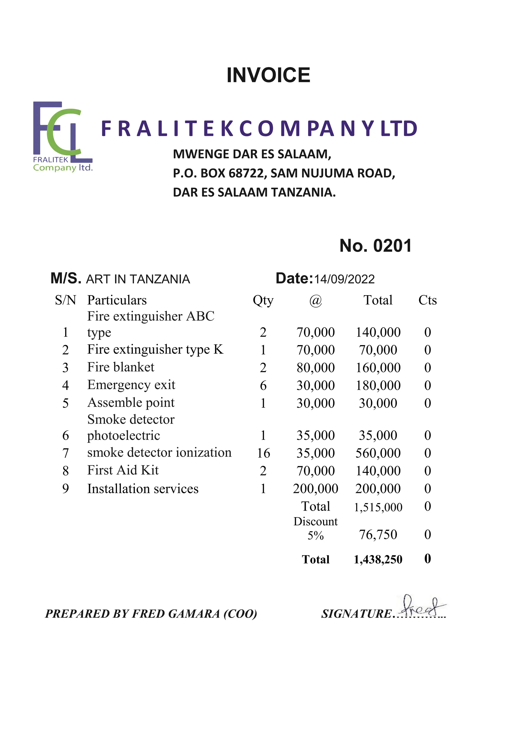 INVOICE
F R A L I T E K C O M PA N Y LTD
MWENGE DAR ES SALAAM,
P.O. BOX 68722, SAM NUJUMA ROAD,
DAR ES SALAAM TANZANIA.
No. 0201
M/S. ART IN TANZANIA Date:14/09/2022
PREPARED BY FRED GAMARA (COO) SIGNATURE…………..
S/N Particulars Qty @ Total Cts
1
Fire extinguisher ABC
type 2 70,000 140,000 0
2 Fire extinguisher type K 1 70,000 70,000 0
3 Fire blanket 2 80,000 160,000 0
4 Emergency exit 6 30,000 180,000 0
5 Assemble point 1 30,000 30,000 0
6
Smoke detector
photoelectric 1 35,000 35,000 0
7 smoke detector ionization 16 35,000 560,000 0
8 First Aid Kit 2 70,000 140,000 0
9 Installation services 1 200,000 200,000 0
Total 1,515,000 0
Discount
5% 76,750 0
Total 1,438,250 0
 