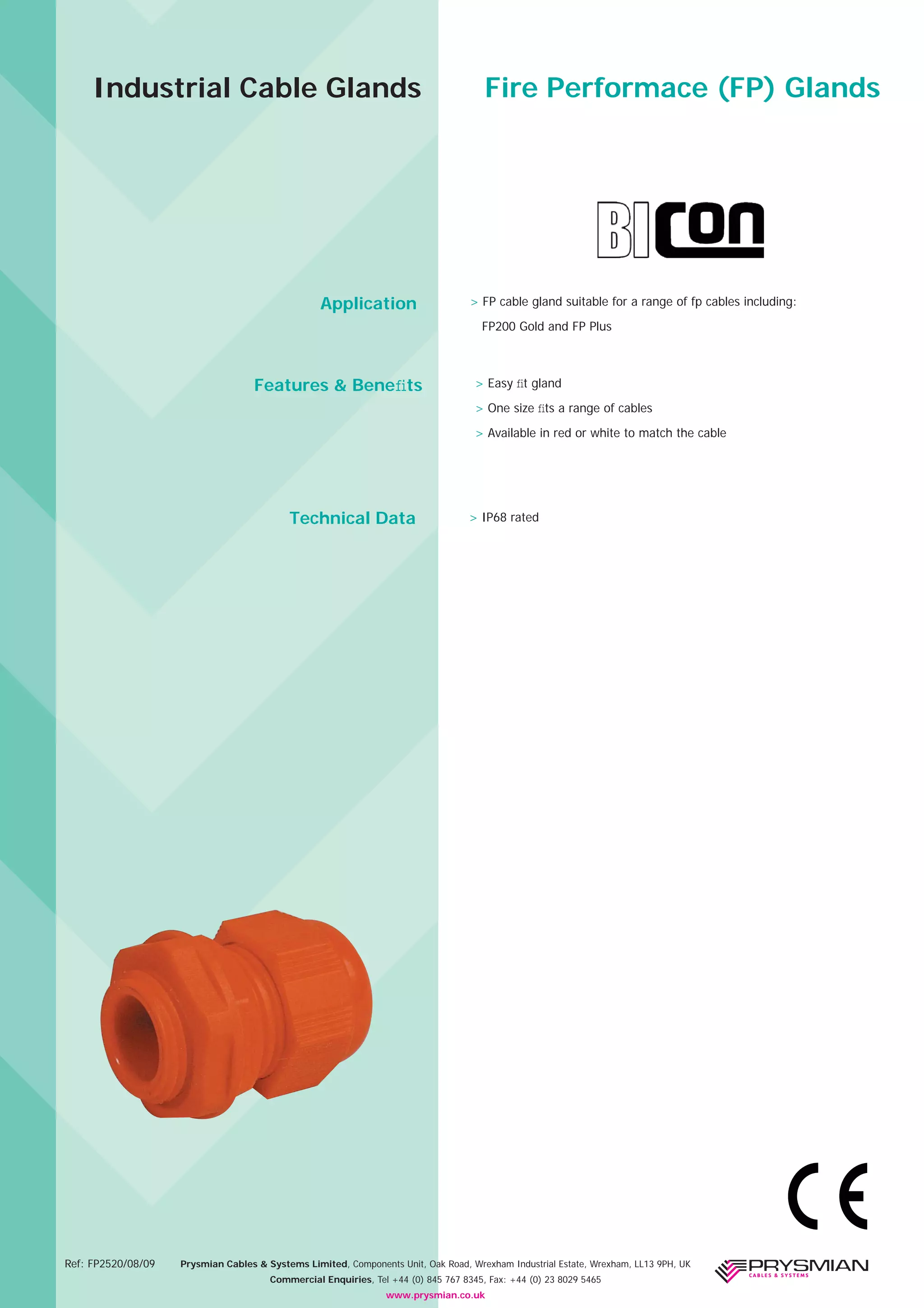 Prysmian FP Fire Resistant Cable Glands - BICC, BICON, Prysmian | PDF