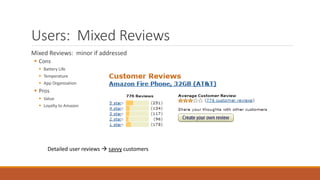 Users: Mixed Reviews 
Mixed Reviews: minor if addressed 
 Cons 
 Battery Life 
 Temperature 
 App Organization 
 Pros 
 Value 
 Loyalty to Amazon 
Detailed user reviews  savvy customers 
