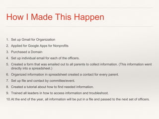 How I Made This Happen
1. Set up Gmail for Organization
2. Applied for Google Apps for Nonprofits
3. Purchased a Domain
4. Set up individual email for each of the officers.
5. Created a form that was emailed out to all parents to collect information. (This information went
directly into a spreadsheet.)
6. Organized information in spreadsheet created a contact for every parent.
7. Set up file and contact by committee/event.
8. Created a tutorial about how to find needed information.
9. Trained all leaders in how to access information and troubleshoot.
10.At the end of the year, all information will be put in a file and passed to the next set of officers.
 
