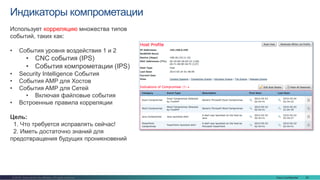 Cisco Confidential 20© 2016 Cisco and/or its affiliates. All rights reserved.
Индикаторы компрометации
Использует корреляцию множества типов
событий, таких как:
• События уровня воздействия 1 и 2
• CNC события (IPS)
• События компрометации (IPS)
• Security Intelligence События
• События AMP для Хостов
• События AMP для Сетей
• Включая файловые события
• Встроенные правила корреляции
Цель:
1. Что требуется исправлять сейчас!
2. Иметь достаточно знаний для
предотвращения будущих проникновений
 