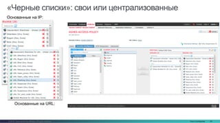 Cisco Confidential 63© 2016 Cisco and/or its affiliates. All rights reserved.
«Черные списки»: свои или централизованные
Основанные на IP:
Основанные на URL:
 