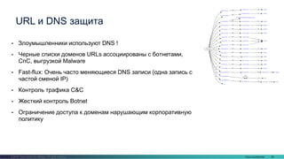 Cisco Confidential 66© 2016 Cisco and/or its affiliates. All rights reserved.
• Злоумышленники используют DNS !
• Черные списки доменов URLs ассоциированы с ботнетами,
CnC, выгрузкой Malware
• Fast-flux: Очень часто меняющиеся DNS записи (одна запись с
частой сменой IP)
• Контроль трафика C&C
• Жесткий контроль Botnet
• Ограничение доступа к доменам нарушающим корпоративную
политику
URL и DNS защита
 