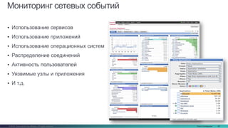 Cisco Confidential 82© 2016 Cisco and/or its affiliates. All rights reserved.
Мониторинг сетевых событий
• Использование сервисов
• Использование приложений
• Использование операционных систем
• Распределение соединений
• Активность пользователей
• Уязвимые узлы и приложения
• И т.д.
 