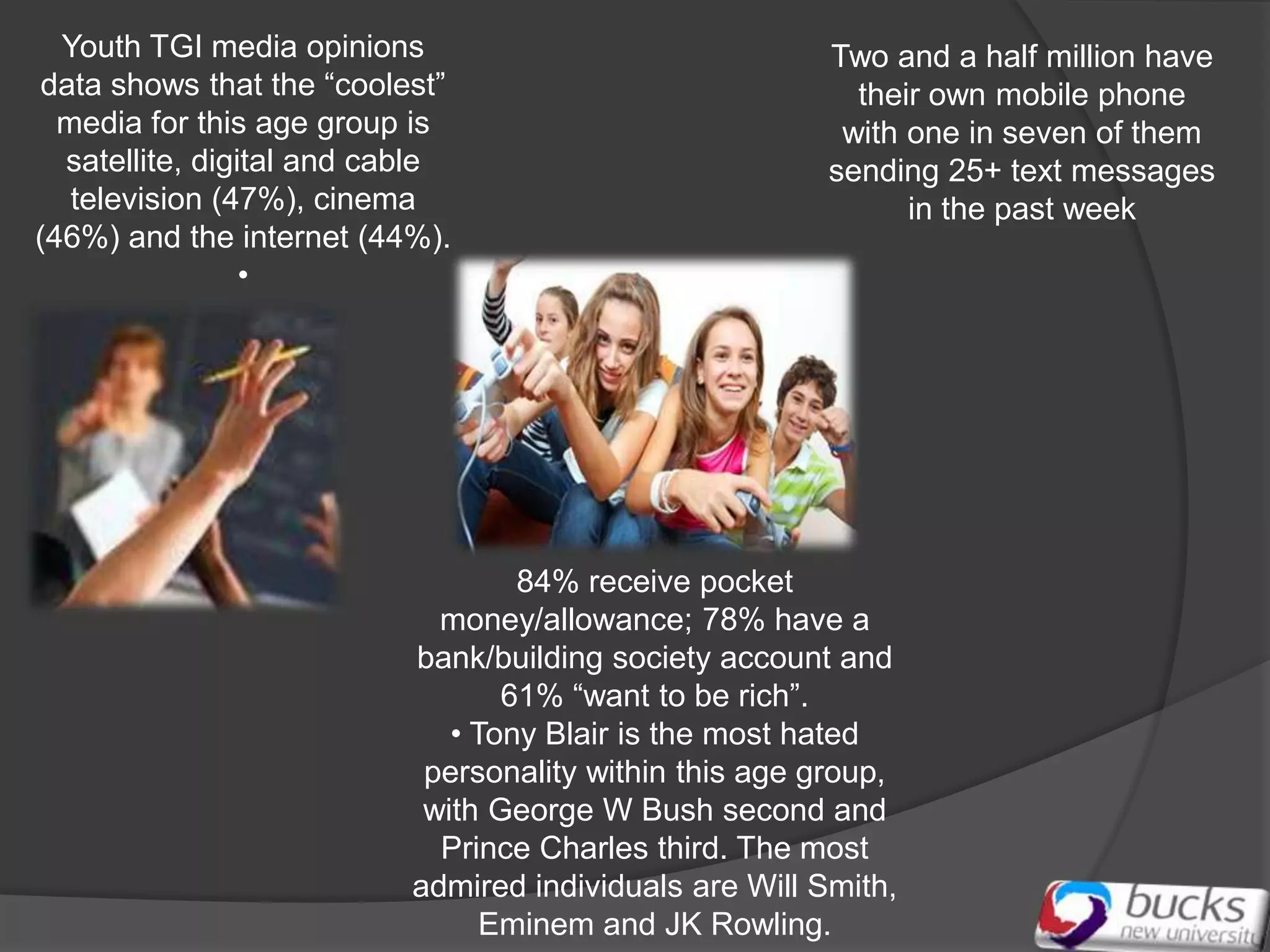 Youth TGI media opinions                               Two and a half million have
 data shows that the “coolest”                             their own mobile phone
  media for this age group is                             with one in seven of them
  satellite, digital and cable                           sending 25+ text messages
   television (47%), cinema                                    in the past week
(46%) and the internet (44%).
                 •




                                   84% receive pocket
                             money/allowance; 78% have a
                           bank/building society account and
                                  61% “want to be rich”.
                              • Tony Blair is the most hated
                            personality within this age group,
                            with George W Bush second and
                             Prince Charles third. The most
                           admired individuals are Will Smith,
                                 Eminem and JK Rowling.
 