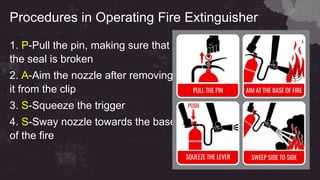 Procedures in Operating Fire Extinguisher
1. P-Pull the pin, making sure that
the seal is broken
2. A-Aim the nozzle after removing
it from the clip
3. S-Squeeze the trigger
4. S-Sway nozzle towards the base
of the fire
 