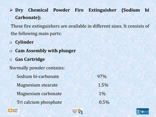  Dry Chemical Powder Fire Extinguisher (Sodium bi
Carbonate):
These fire extinguishers are available in different sizes. It consists of
the following main parts:
o Cylinder
o Cam Assembly with plunger
o Gas Cartridge
Normally powder contains:
Sodium bi-carbonate 97%
Magnesium stearate 1.5%
Magnesium carbonate 1%
Tri calcium phosphate 0.5%
 