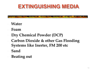  Water
 Foam
 Dry Chemical Powder (DCP)
 Carbon Dioxide & other Gas Flooding
Systems like Inerter, FM 200 etc
 Sand
 Beating out
12
 