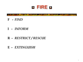 F - FIND
I - INFORM
R - RESTRICT / RESCUE
E - EXTINGUISH
4
 
