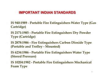  IS 940:1989 - Portable Fire Extinguishers Water Type (Gas
Cartridge)
 IS 2171:1985 - Portable Fire Extinguishers Dry Powder
Type (Cartridge)
 IS 2878:1986 - Fire Extinguishers Carbon Dioxide Type
(Portable and Trolley - Mounted)
 IS 6234:1986 - Portable Fire Extinguishers Water Type
(Stored Pressure)
 IS 10204:1982 - Portable Fire Extinguishers Mechanical
Foam Type
61
 