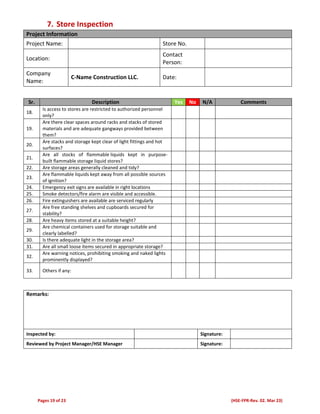 Pages 19 of 23 (HSE-FPR-Rev. 02. Mar 23)
7. Store Inspection
Project Information
Project Name: Store No.
Location:
Contact
Person:
Company
Name:
C-Name Construction LLC. Date:
Sr. Description Yes No N/A Comments
18.
Is access to stores are restricted to authorized personnel
only?
19.
Are there clear spaces around racks and stacks of stored
materials and are adequate gangways provided between
them?
20.
Are stacks and storage kept clear of light fittings and hot
surfaces?
21.
Are all stocks of flammable liquids kept in purpose-
built flammable storage liquid stores?
22. Are storage areas generally cleaned and tidy?
23.
Are flammable liquids kept away from all possible sources
of ignition?
24. Emergency exit signs are available in right locations
25. Smoke detectors/fire alarm are visible and accessible.
26. Fire extinguishers are available are serviced regularly
27.
Are free standing shelves and cupboards secured for
stability?
28. Are heavy items stored at a suitable height?
29.
Are chemical containers used for storage suitable and
clearly labelled?
30. Is there adequate light in the storage area?
31. Are all small loose items secured in appropriate storage?
32.
Are warning notices, prohibiting smoking and naked lights
prominently displayed?
33. Others if any:
Remarks:
Inspected by: Signature:
Reviewed by Project Manager/HSE Manager Signature:
 